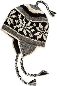 Hand Knit Sherpa Wool Hat with Micro Fleece Lining, Ear Flaps, Toque, Beanie, Black, White, Gray, One Size-Large