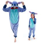 COSUSKET Snug Fit Unisex Adult Onesie Pajamas, Flannel Cosplay Animal One Piece Halloween Costume Sleepwear Homewear, Blue Stitch, Medium