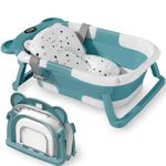 Baby Bathtub for Newborns, Portable Infant Bathtub w/ Soft Bath Cushion Support for 0-24 Months Baby, with Temperature Display Foldable Bathing Tub, Collapsible Toddler Bath Tub for Indoor Travel (Green)