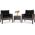 Tangkula 3 Piece Outdoor Patio Furniture Set, Wicker Chairs Set with Glass Top Coffee Table, Thick Cushions, All Weather Garden Lawn Poolside Backyard Porch Furniture Set for 2 (Black)