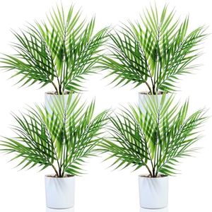 Tigeen 4 Pack 16 Inch Small Artificial Plant, Faux Plant Plants, Fake Potted Tropical Desk Plant with White Plastic Pots, for Indoor Home Office Decoration Housewarming Gift (Palm)