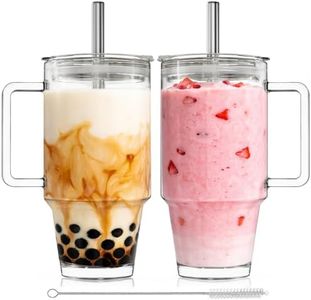 KEMORELA 24oz Clear Glass Tumbler with Handle, Lid & 13mm Stainless Steel Straws,2 set–Wide-Mouth Reusable Glass Cups for Cold & Hot Drinks, Ideal for Boba,Smoothies, Iced Coffee & Juice, Travel Cup
