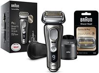 Braun Series 9 Pro Electric Shaver with 4+1 Head, Electric Razor for Men with ProLift Trimmer, 5-in-1 SmartCare Center and Leather Travel Case, 9465cc + Shaver Replacement Head, 94M, Silver