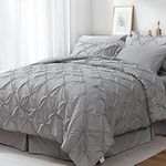 JOLLYVOGUE Queen Comforter Set - Pintuck Light Gray 7 Piece Bed in a Bag Comforter Queen - Bedding Set with Comforter, Sheets, Ruffled Shams & Pillowcases for Bedroom