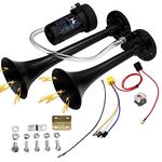 150db Air Horn, HK Dual Trumpet Truck Air Horn Chrome Zinc with Compressor for Any 12V Vehicles Car Train Truck RV Lorry Van Boat SUV Motorcycle Super Loud (Black)