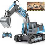 DOUBLE E Remote Control Excavator Toy Sandbox Diggers 2 Batteries Engineering RC Construction Vehicle Tractor Trucks for Boys Girls Kids, E571-003, Grey Blue