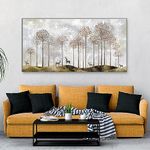 DEKORSTATION Golden Tranquility Modern Canvas Wall Art with Golden Tree and Deer Floating Frame Canvas Wall Painting for Home and Office Décor (48 Inch W x 24 Inch H)