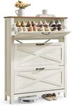 VASAGLE LIRY Collection - Shoe Storage Cabinet Organizer with 3 Flip Drawers, Freestanding Narrow Shoe Rack Cabinet for Entryway, Farmhouse Style, Fits 18 to 24 Pairs, Rustic White UHSC301W02