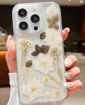 ELEPIK Real Flower Series for iPhone 15 Pro Max Case Clear, [Handmade Real Flower Design] Glitter Cute Floral Pattern Slim Soft TPU Protective Women Girl's Phone Cover, White