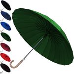 COLLAR AND CUFFS LONDON - Windproof 24 Rib Umbrella for Super-Strength - 60mph Extra Strong - Triple Layer Reinforced Frame with Fiberglass - Wood Hook Handle - Green Automatic Golf - Mens Womens