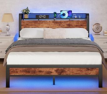 Furnulem Bed Frame with Charging Station and LED Lights,Industrial Platform Beds Queen Size with Storage Headboard,USB Port,Rustic Wood and Strong Metal Support,No Box Spring Needed, Noise Free