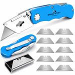 Shark-Tuff® Heavy Duty Folding Utility Knife with 10 Spare SK5 Blades | All Metal Sharp Craft Tradesman Camping Pocket Knife Cardboard Box Cutter with Belt Clip & Safety Lock UK Legal