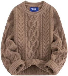 Aelfric Eden Sweaters for Women Oversized Chunky Cable Knit Crew Neck Solid Pullover Sweater Trendy Vintage Fall Tops Brown