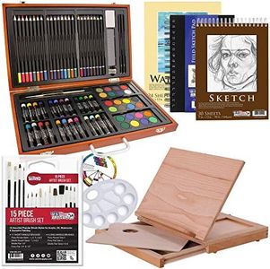 U.S. Art Supply 103-Piece Deluxe Art Creativity Set in Wooden Case with Wood Desk Easel - Artist Painting Pad, 2 Sketch Pads, 24 Watercolor Paint Colors, 17 Brushes, 24 Colored Pencils, Drawing Kit