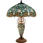 WERFACTORY Tiffany Table Lamp Sea Blue Stained Glass Dragonfly Style 16X16X24 Inches Mother-Daughter Vase Desk Reading Light Decor Bedroom Living Room Home Office S147 Series