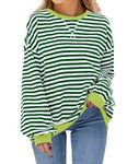 iChunhua Oversized Jumpers for Women Uk Crew Neck Striped Pullover Bright Tops Trendy Neon Sweatshirt Green White 2XL