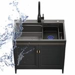 Laundry Room Sink with Cabinet,Free Standing Single Kitchen Sink with Pull-Out Faucet,Stainless Steel Single Washing Hand Basin,Utility Room Bathroom Vanity Sinks Combo,Outdoor Indoor ( Color : Black