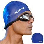 SLOVIC Blue Swimming Caps for Men and Women with Long Hair | Waterproof Cap for Swimming Silicone | Free-Size for Great Fit | No Hair Pulling | Prevents Chemical Damage