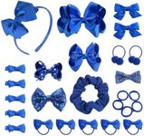 EUPSIIU 26 PCS Girls School Hair Accessories Blue Bow Hair Clips,Large Cheer Bow Elastic Hair Band Ponytail Holder Bow Headband Hair Clips Ribbon Hair Barrettes Christmas Birthday Gift (Blue)
