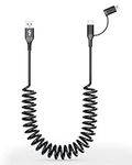 Coiled USB to USB C and Lightning Data Cable 2 in 1 - MFi iPhone 15 Car Charger Cord, 3A Fast Charging Cable for iPhone 15/15 Pro/15 Pro Max/14, Galaxy, Android, Support Apple CarPlay & Android Auto