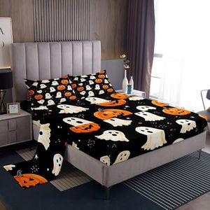 Feelyou Halloween 4 Pieces Sheet with 16 Inch Deep Pockets Queen Size Kids Pumpkin Bedding for Boys Girls Teens Cute Ghosts Bed Sheets Set Black