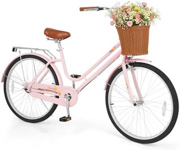 GYMAX Beach Cruiser Bike for Adults, 24/26 Inch Commuter Bicycle for Women w/Rattan Basket, Low Step-Through Frame, Rear Rack & Adjustable Seat, City Bike (26 inch,Pink)
