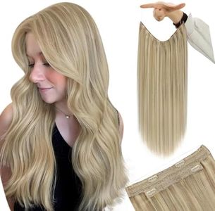 YoungSee Invisible Wire Human Hair Extensions Blonde Highlight Thick Wire Hair Extensions Real Human Hair Dark Ash Blonde Highlights Golden Blonde Hair Wire Extensions for Women 14In 80G