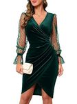 ihot Cocktail Bodycon Dress Winter Velvet Long Mesh Polka Dots Sleeve Wrap V Neck Empire Waist Sexy Christmas Holiday Party Club Night Dress For Women Wedding Guest Going Out Dress,Emerald Green,Small