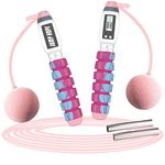 VINSOC Skipping Rope, 2 in 1 Adjustable Ropeless Digital Jump Rope with Calorie Counter, Soft Memory Foam Handles, Weighted, Cordless Jump, Pink