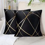 45 x 45 cm Velvet Cushion Cover, Black, Set of 2, Golden Geometry Outdoor Decorative Cushion Cover, Sofa Cushion, Couch Cushion, Decorative Cushion Covers, Modern Decorative Cushion Cover for Bedroom,