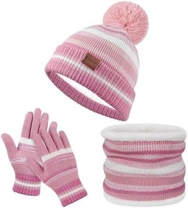 Kids Winter Hat Gloves Scarf Set: Girls Boys Hats Beanie Gloves Neck Warmer Set Knit with Thick Warm Fleece Lined For Ages 6-10 Pink