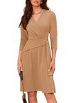 GRACE KARIN Womens Wrap Dress 2024 Trendy V Neck 4/3 Sleeve Tie Waist Business Officce Formal Dress Camel XL