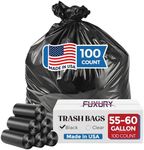 Fuxury 60 Gallon Trash Bags Medium Duty, 100 Count Garbage Bags, 38 x 58" Extra Large Black Trash Bags, 0.9 Mil Plastic Bags for Serious Garbage Cleanup, Made in USA