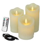 CVHOMEDECO. Flameless Candles Electronic Rechargeable Battery Extra Bright Ivory Dripping Real Wax Pillars LED Flickering Pillar Candle with 10-Key Remote Control, 3 PCS in Set