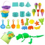 33 Pcs Beach Sand Toys Set，iDeep Beach Toys Sand Toys with Mesh Bag，Included 2 Collapsible Beach Sand Buckets Animal Ice Cream, Cake & Castle Sand Molds Summer Outdoor Sand Toys for Kids Boys Girls