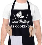 Xialvyu Funny Aprons for Men, MR Good Looking is Cooking, Professional Kitchen Cooking Apron Chef Husband Bib Aprons with Double Pocket Adjustable for Father's Day Birthday Gift