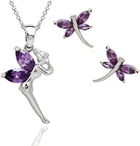 Crystalline Azuria Mujer 18ct Chapado en Oro Blanco Hada Tinkerbell Violeta Cristales de Zirconia Juego de joyas Collar con Colgante 45 cm Pendientes para Mujer y Niña