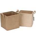 Sea Team 2 Pack Jute Cotton Linen Storage Basket Foldable Storage Basket with Handle Home Decoration Toiletries Stationery Toys Jewelry Beige 26*26*26CM