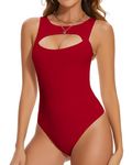 SHAPERIN Women's Round Neck Sleeveless Thong Bodysuit Cutout Front Sexy Tank Top Leotard Body Suits (X-Large,Red)