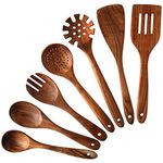 Wooden Kitchen Cooking Utensils Set, NAYAHOSE 7 Pcs Natural Teak Wooden Spoons and Spatulas for Non-stick Pan