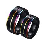 Beydodo Promise Ring for Gay Couples, Stainless Steel Engagement Rings Size P 1/2 and R 1/2 8mm Black LGBT Ring with Rainbow Edges