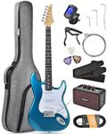 Leo Jaymz Beginner Electric Guitar 39” Kit with Portable Amplifier, Padded Gig Bag, Digital Tuner，Capo，Strap，Picks，Classic SSS Pickups(Blue-SSS)