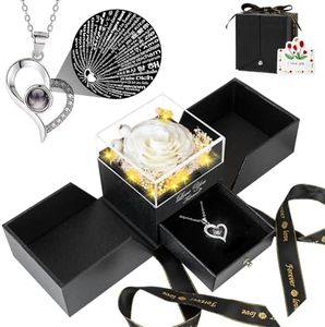 Preserved White Real Rose Eternal Flowers Rose Gifts for Mom Grandma Wife Girlfriend Gifts for Her Christmas Birthday Anniversary with I Love You Necklace
