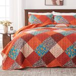 Qucover Quilted Bedspread King Size, Multicolour Prin Red Orange Blue Patchwork Quilt with 2 Pillow Shams, Lightweight Soft Microfiber Floral Reversible Coverlet Set for All Seasons, 230x250cm