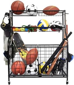 All-in-one Ball Storage Rack Metal Garage Sports Equipment Storage Organizer Basketball Holder Cart 91x42x116.5cm w/Wheels Hooks,Indoor Outdoor