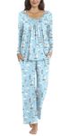 POPYOUNG Women's Fall-Winter 2 Piece Pleated Long Sleeve Pajama Sets Lounge Sleepwear Ladies nightwear Pjs Sets with Pockets M, Blue sailboat