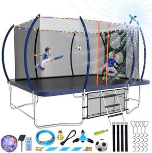 Lyromix Rectangular 8FT x 14FT Trampoline for Kids and Adults, Rectangle Trampolines with Curved Poles, Pumpkin Outdoor Trampoline with Sprinkler, Stakes, Light, Football, Target Cloth and Storage Bag