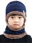 Winter Warm Hat Boy's & Girl's Outdoor Sports Hedging Hat Scarf Set Boys Girls (5-14 Years) Warm Fleece Cap Scarf Set Ski Equipment (Blue)