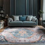 Area Rug 6X9 Dining Room Rug Carpet Non Shedding Rugs with Non Slip Backing Machine Washable Rugs Living Room Rugs Boho Floral Medallion Area Rugs for Bedroom(Teal/Multi,6x9ft)