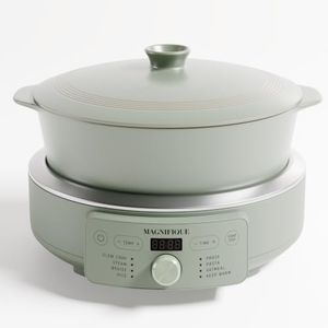 4.5 Quart Slow Cooker, 8-in-1 Casserole Programmable Round Multi-Cooker, Non-Toxic Clay pot Slow Cooker for Rice, Pasta, Steam & Proof, Oven Safe Pot to 450°F, Olive